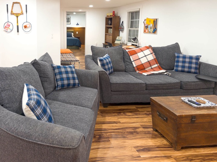 Gray sofas and a rustic coffee chest in the living room